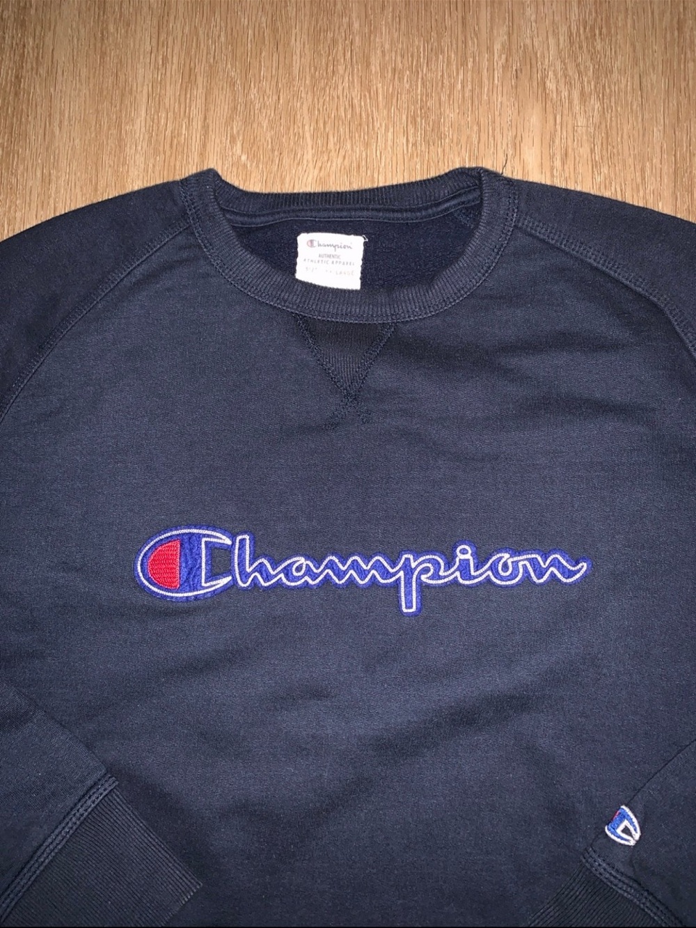 Champion Men's Navy Crewneck Sweatshirt with Red & Blue Logo